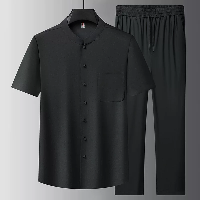 [Бесшовный] 2025 новый летний стиль, рубашка с короткими рукавами для среднего и пожилого возраста, мужские повседневные брюки, костюм для папы Тан GQ178
