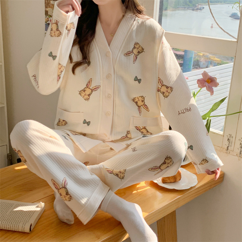 Pijama de otoño y invierno de manga larga cardigan intercalación de aire caliente algodón antes y después del embarazo ropa de lactancia para el hogar