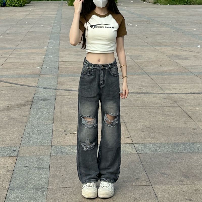 Ripped Jeans for Women, Summer New Style, High-Waisted Wide-Leg Pants, Loose Straight-Leg Design, Floor-Length Trousers, Trendy