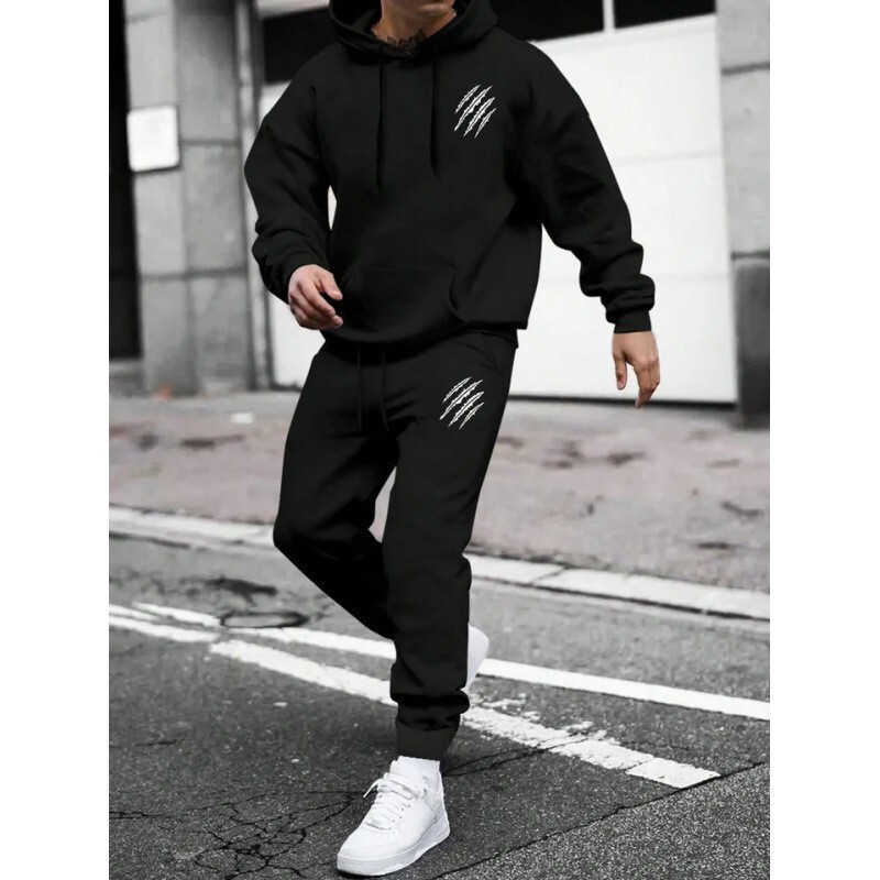 Simple Letter Print Men's Sports Suit Fashionable Casual Spring and Autumn Patchwork Hoodie Sweatshirt and Long Pants Two-Piece Set