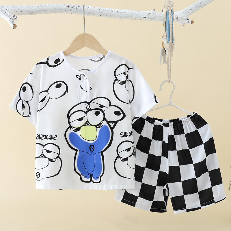 Summer Children's Pajamas Thin Cotton Silk Suit for Boys and Girls Baby Short-sleeved Home Air-conditioning Suit for Middle and Large Children's Cotton Silk Children's Clothing