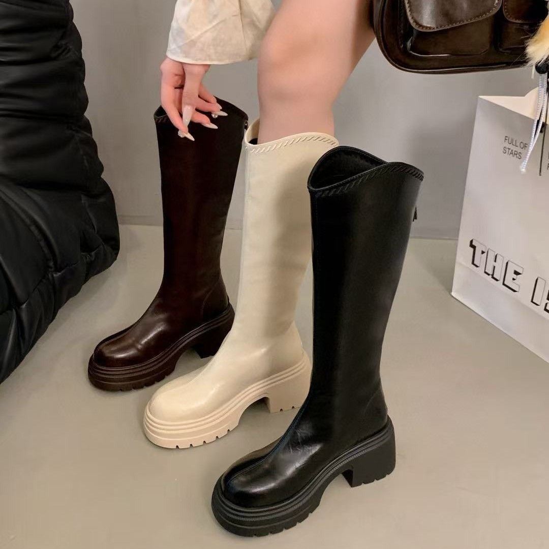 2025秋季新款V口厚底瘦瘦靴女粗跟不过膝长筒靴显瘦复古骑士靴潮