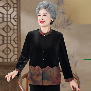 Middle-aged and old people's spring and autumn clothes grandmother's long-sleeved shirt old lady's gold velvet top mother's Tang suit thin coat