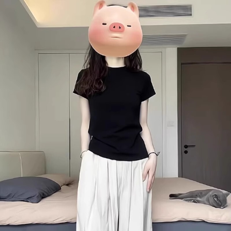 Black Short-Sleeve T-Shirt for Slightly Chubby Women, Autumn Round Neck Regular Shoulder Top, Slim Fit, Flattering, Tight-Fitting, Petite Base Shirt