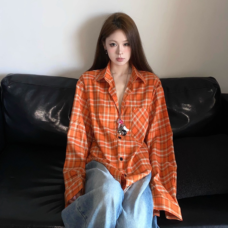 American Retro Orange Plaid Long-Sleeved Shirts for Men and Women, Loose and Versatile Casual High Street New Couple Shirts Wholesale American Retro Orange Plaid Long-Sleeved Shirts for Men and Women, Loose and Versatile Casual High Street New Couple Shirts Wholesale