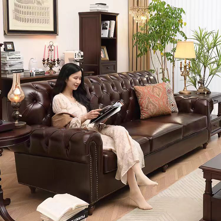 American Retro Brown Sofa Leather Art Pull Buckle Multi-person French Straight Row Sofa Living Room Leisure Furniture