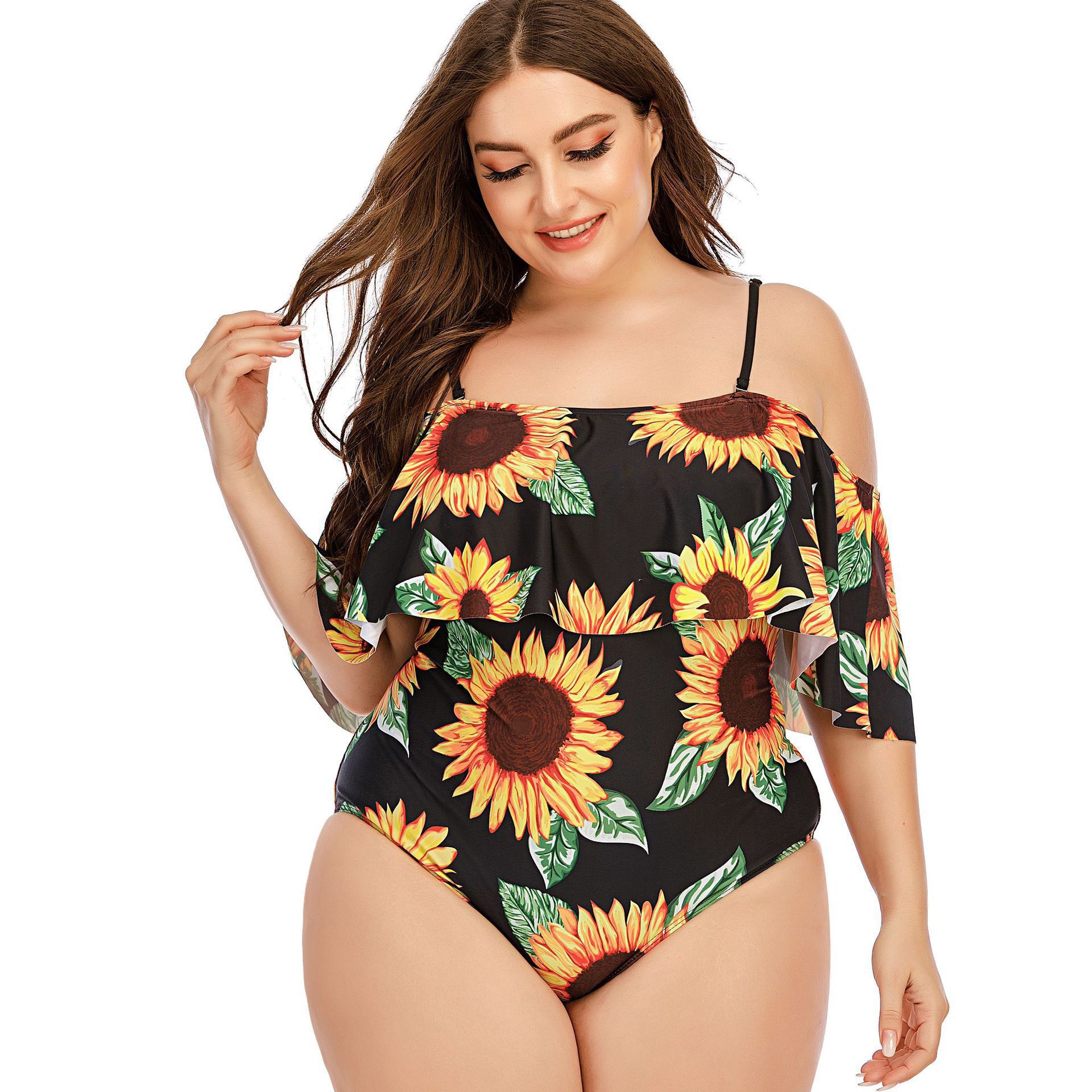 plus size sunflower print suspender ruffles one-piece swimsuit NSJHD124952