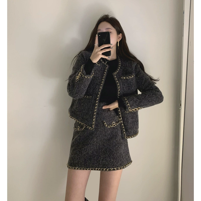 Женская одежда больших размеров, осень и зима, новый облегающий светский костюм в стиле Chanel, пухлая юбка, шерстяной костюм из двух частей