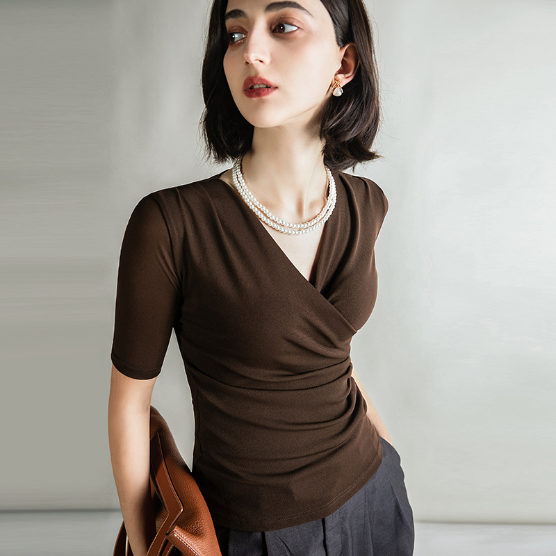 Summer New Mid-sleeve Mesh Top Stylized Inner Base Shirt Stretch Large Size Cross V-neck Small Shirt