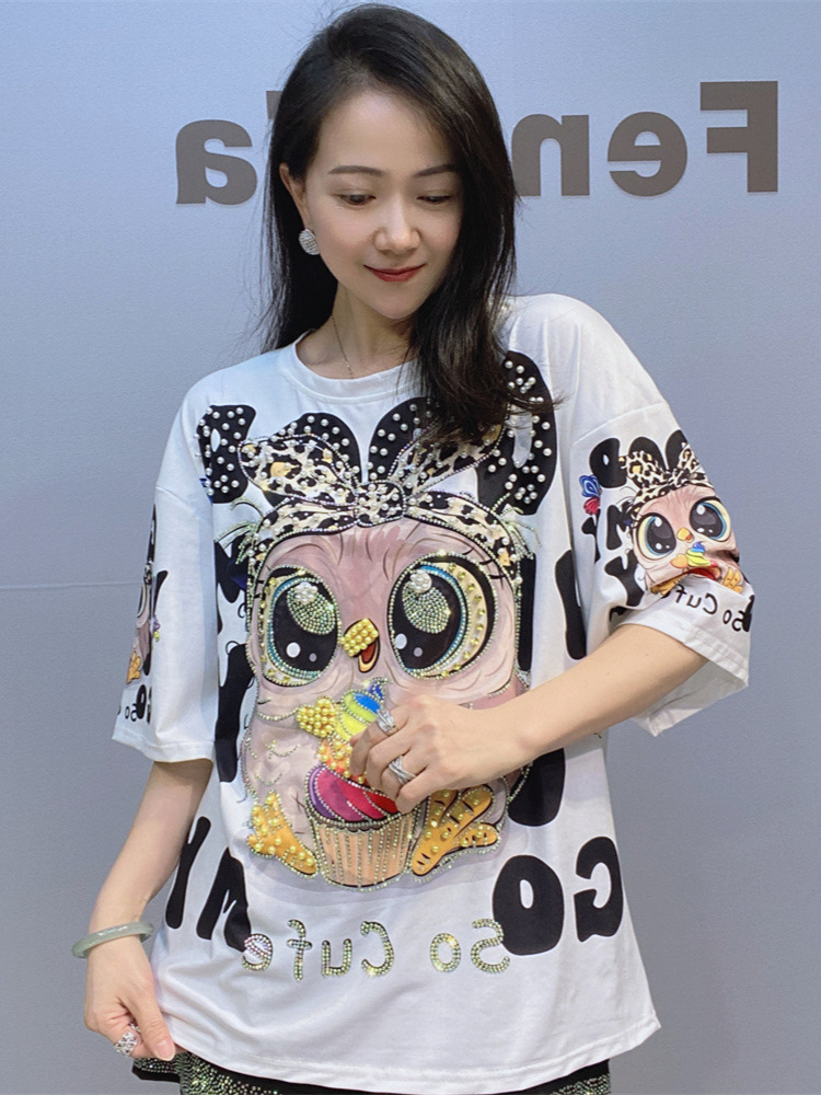 Comercio exterior moda transfronteriza nueva camiseta de manga corta con cuello redondo para mujer verano 2025 nueva camiseta suelta de media manga de diamantes brillantes de la industria pesada