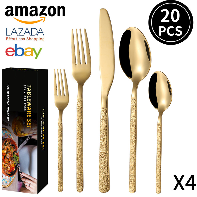 Cross-Border Amazon Stone Pattern Stainless Steel Tableware 20/30/40 Piece Set Gold-Plated Western Tableware Steak Knife, Fork and Spoon Cross-Border Amazon Stone Pattern Stainless Steel Tableware 20/30/40 Piece Set Gold-Plated Western Tableware Steak Knife, Fork and Spoon