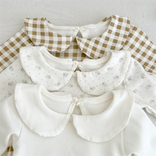 INS Autumn Infant and Toddler Garment Plaid White Floral Coverall Cotton Baby Lapel Long Sleeve Romper