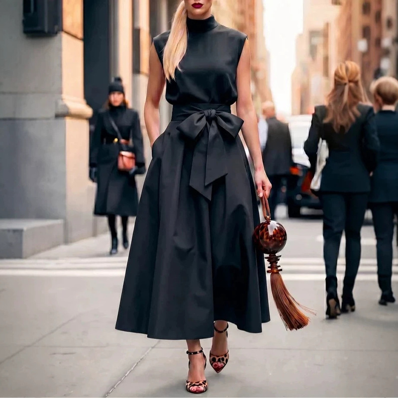 2026 Black High-Neck Sleeveless Dress Set with a Stylish Skirt, Elegant and Fashionable Long Dress That Flatters Slightly Plump Figures 2026 Black High-Neck Sleeveless Dress Set with a Stylish Skirt, Elegant and Fashionable Long Dress That Flatters Slightly Plump Figures