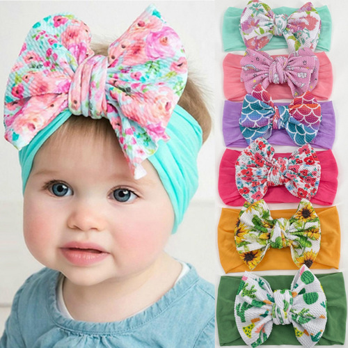 Children's printed large bow nylon hairband soft elastic hair accessories baby headband baby European and American printed headscarf