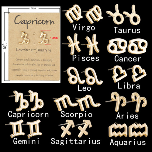 European and American cross-border exclusive 12 zodiac sign earrings wholesale Amazon wish brown zodiac card earrings