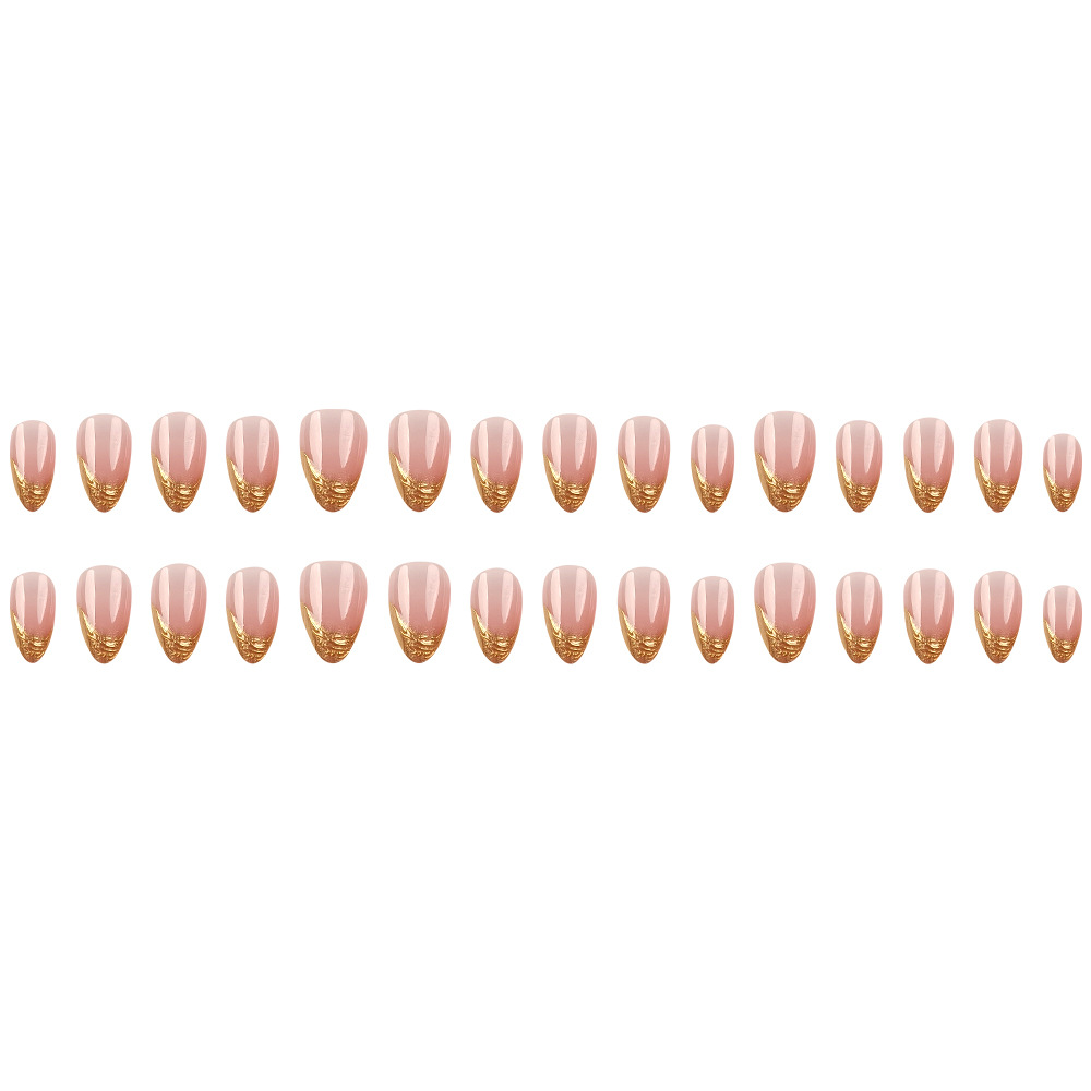 3D en relieve tridimensional, uñas postizas rosadas en forma de almendras, uñas cortas, 30 piezas, parches de uñas francesas doradas