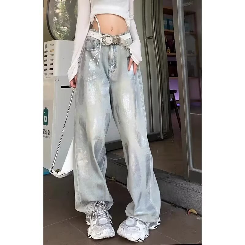 American Retro Straight Leg Jeans Women's 2024 Autumn New Design Sense High Waist Loose Slimming Wide Leg Pants