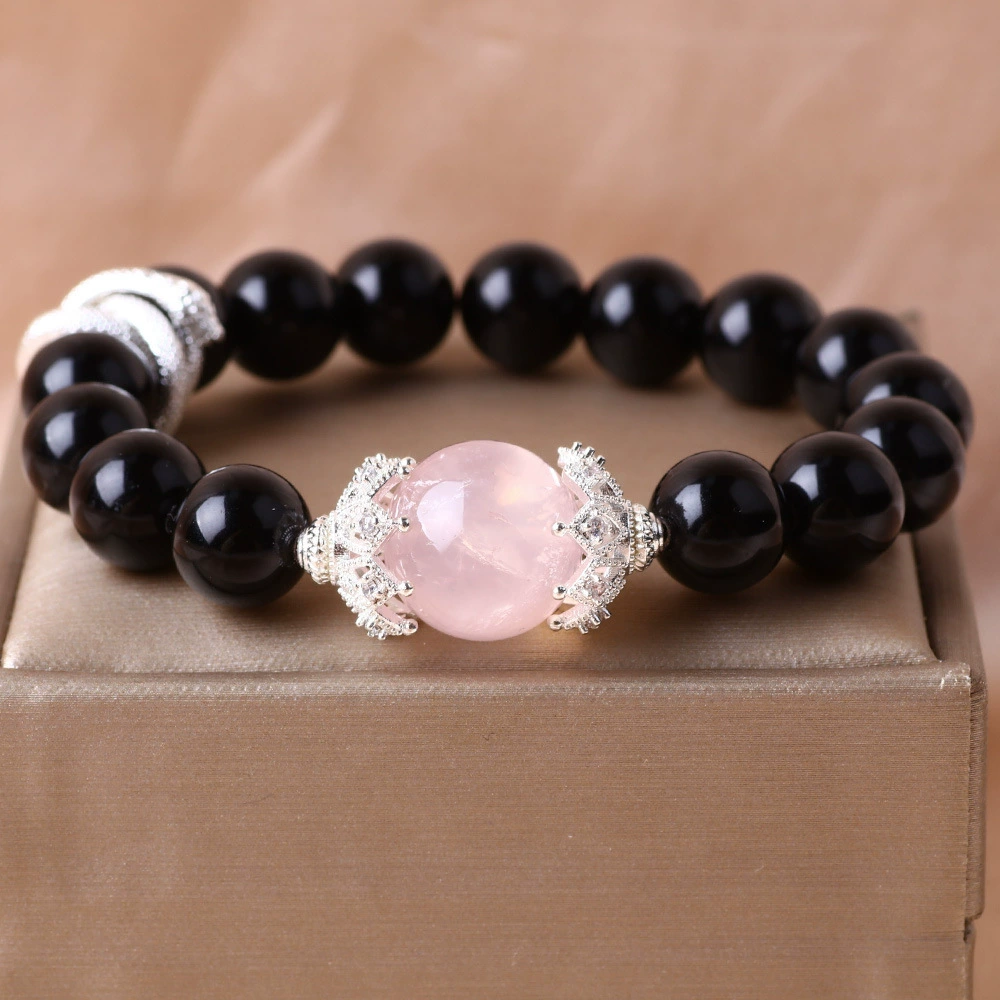 Браслет из черного обсидиана 10 мм, браслет из розового кварца, посеребренные ювелирные аксессуары для мужчин и женщин с загадочным исследованием