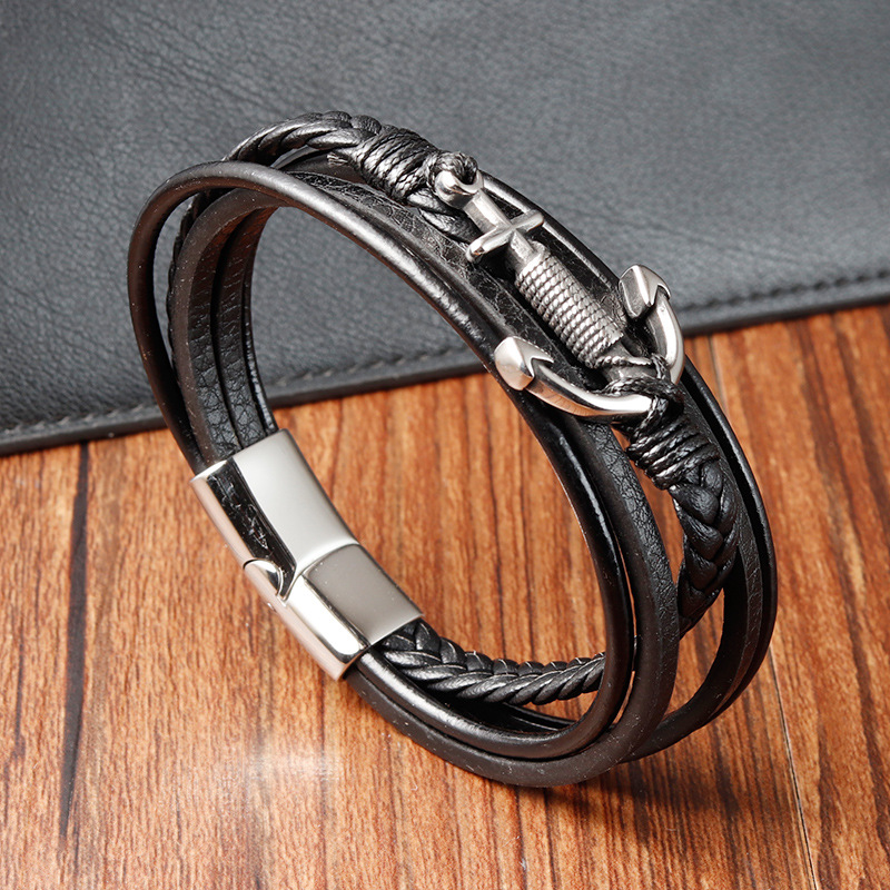 32g Weight Bracelets Classification Leather Chain Material Retro Anchor Leather Titanium Steel Layered Polishing Men's Bracelets Men Cord & Leather Bracelets