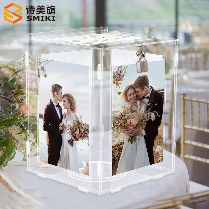 亚马逊跨境直供亚克力婚礼卡片盒带相框毕业季轻奢信封旋转收纳盒