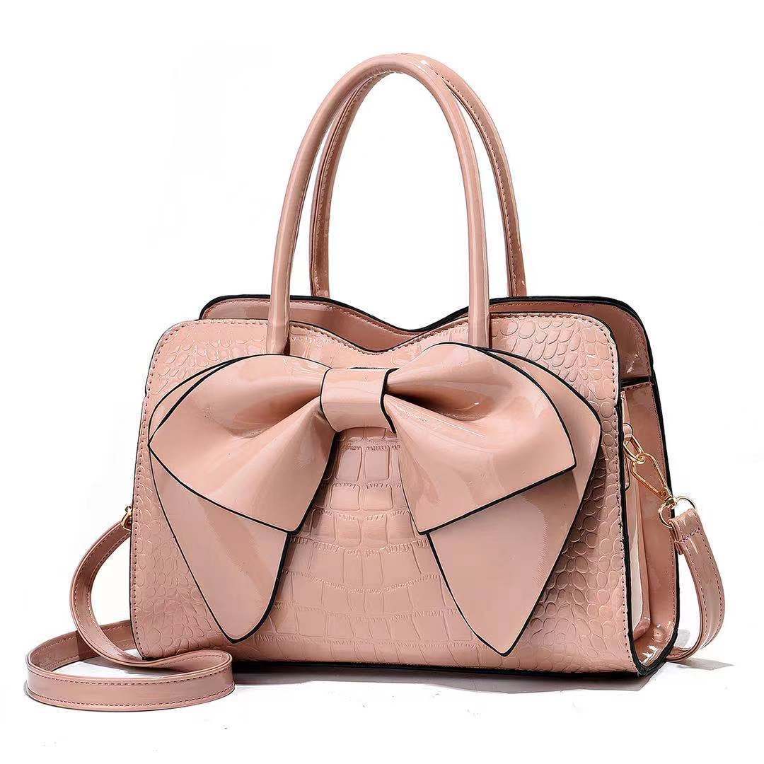 PU Leather Material Solid Color Pattern Women's Large All Seasons Pu Leather Solid Color Fashion Bowknot Square Zipper Shoulder Bag