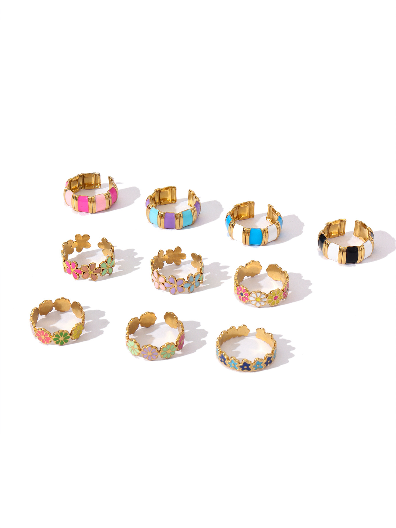 12g Weight Open Rings Classification Adjustable Ring Size 1 Piece Quantity Holiday, Daily Occasion 304 Stainless Steel Material Stripe, Flower Pattern Unisex Gender Enamel Design Retro, Sweet Style Wholesale Jewelry Retro Sweet Stripe Flower 304 Stainless Steel Enamel Open Rings 3