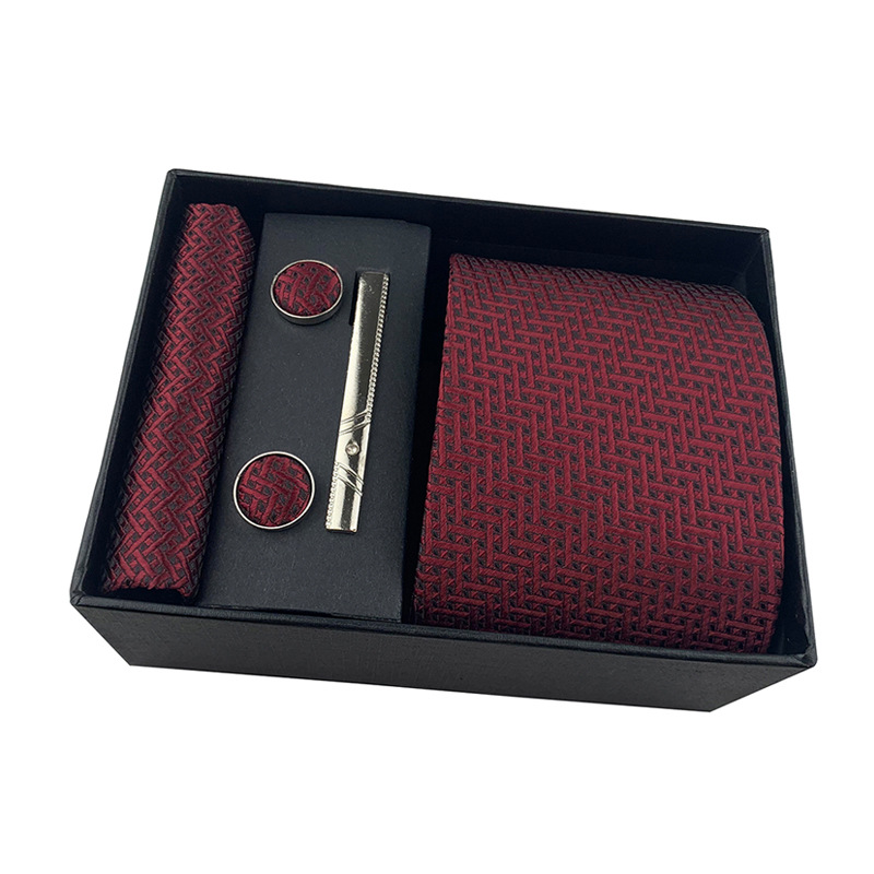 2025 nueva caja de regalo negra de negocios para hombres, corbata lisa a rayas, bufanda de bolsillo, clip de corbata, traje de regalo
