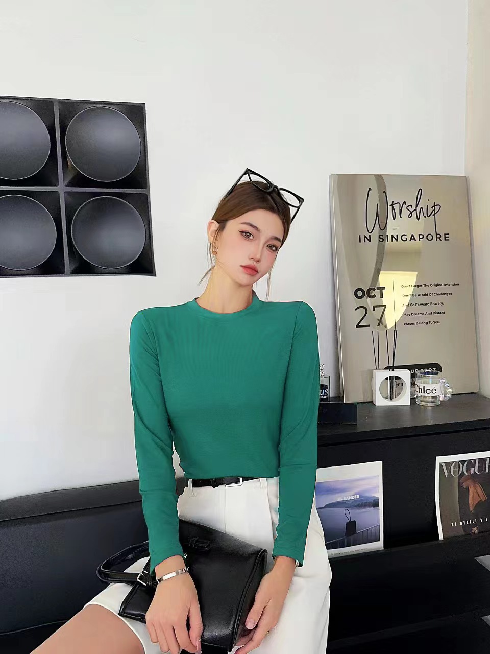 모달 고탄성 라운드넥 긴소매 우드 그린