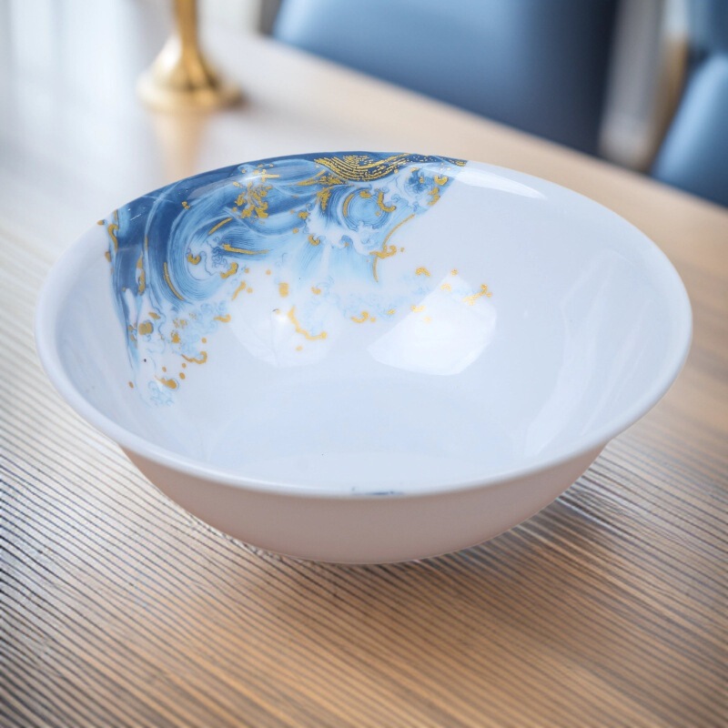 Melamine Small Bowl with Blue Wave Pattern, Imitation Porcelain Bowl for Home Use, Self-Service Fast Food Tableware, Porridge Bowl, Rice Bowl, Soup Bowl
