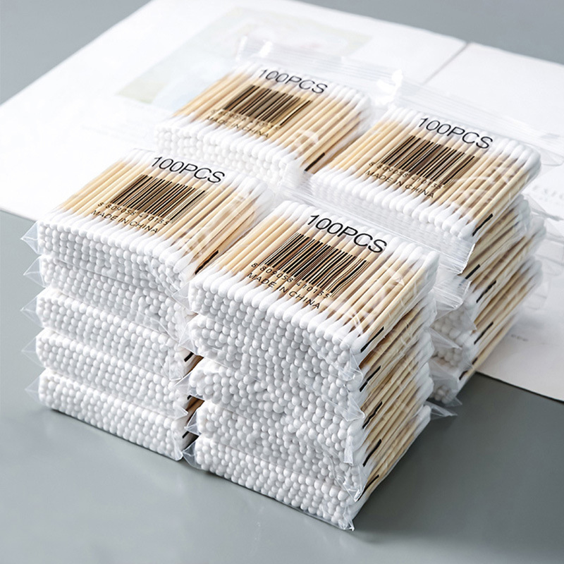 Disposable sanitary cotton swab soft bag wooden stick double-headed cotton swab cleaning cotton swab full number of 100 Wholesale