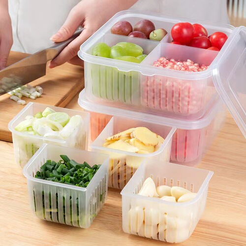 Large four-compartment green onion crisper box with lid, kitchen onion, ginger and garlic storage fruit storage box, refrigerator storage box