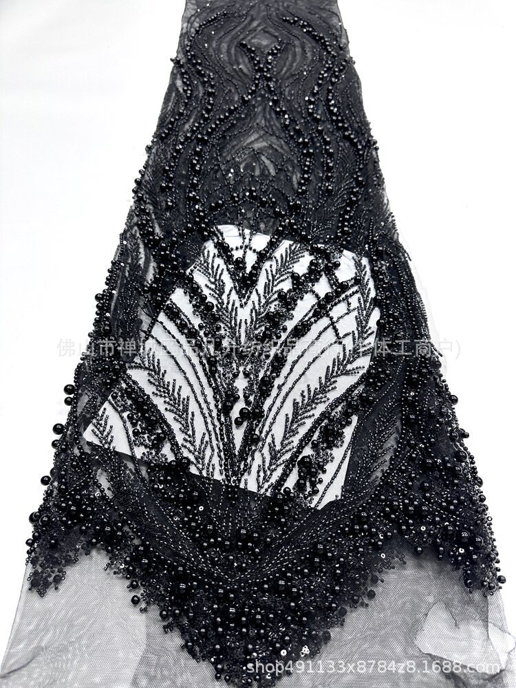 Peacock Feather Heavy Duty Pearl Pipe Mesh Fabric Fonytail Clavado a mano Beads Fishtail vestido de boda tela
