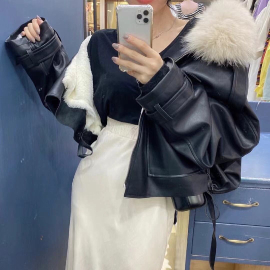 Women's Leather Fur Coat With Large Collar Loose Fit Thickened Velvet Short Cotton Outerwear For Autumn Winter Small Size_voghion.com