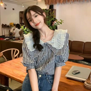 高级感别致很仙的上衣设计感小众t恤格纹法式娃娃领衬衫女夏季