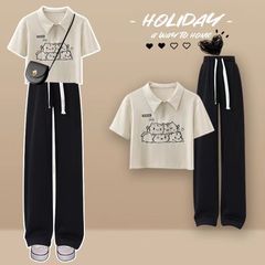 中学生の活発でかわいい風の夏のスーツの女の子の大きい子供の学院のpoloのシャツの半袖の高い腰の広い足のズボンの2つのセット