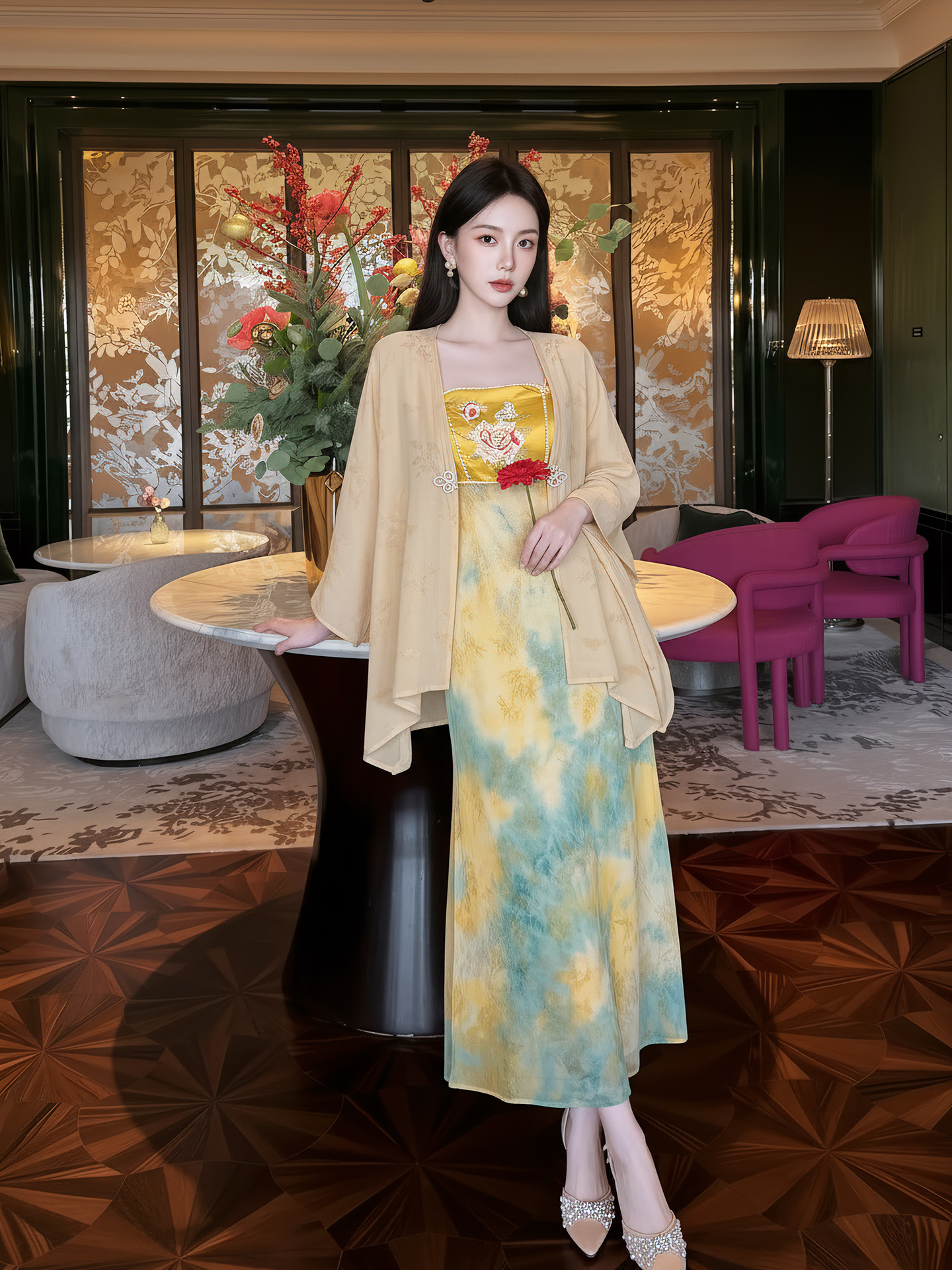Bộ đầm dây tay không phối áo khoác thêu hoa văn cách tân cao cấp — bộ đồ, Đầu màu mơ, đầm dây