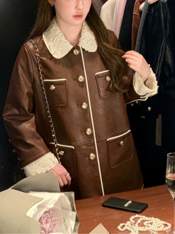 富家千金感手工领环保pu皮衣黑色中长款外套女复古小香风|undefined