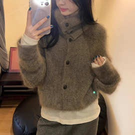 慵懒风驼色仿马海毛高领针织开衫女秋冬软糯奶fufu毛衣外套宽松上