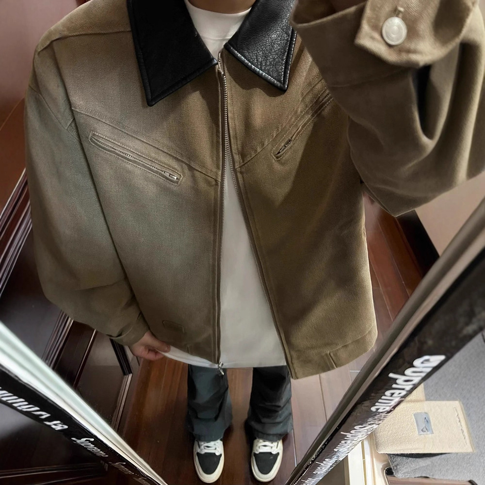 美式复古棕色底特律工装夹克cleanfit拉链开衫外套潮牌短款上衣服