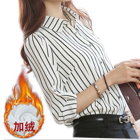 2020秋冬新款加绒黑白竖条纹韩版修身女衬衫长袖大码雪纺衫女衬衣