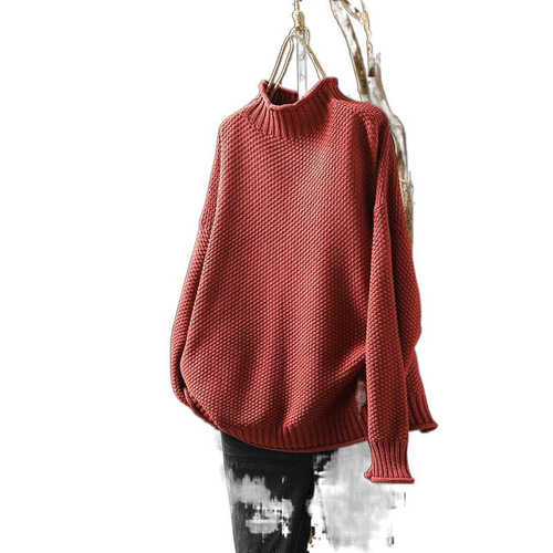 Red art retro 2026 autumn and winter casual pullover semi-turtleneck sweater women's loose large plate knitted base shirt