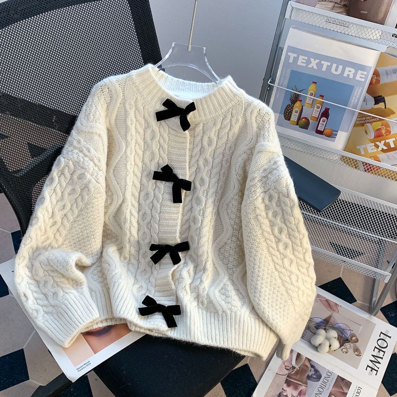 Super Nice, Beautiful and Chic Bow Knitwear Jacket for Women in Spring & Fall, Loose, Lazy, Retro, Fashionable and Sweet Knitwear