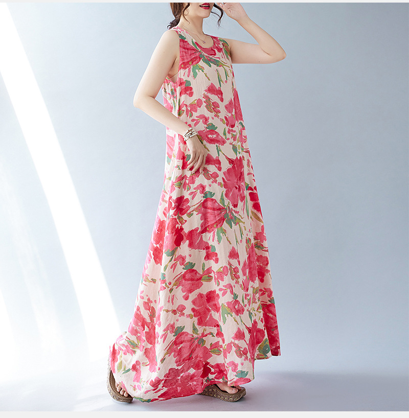 Real Shot Of The 2024 Summer New Bohemian Artistic Loose Sleeveless Round-neck Printed Mid-length Dress For Women_ecoleips.com