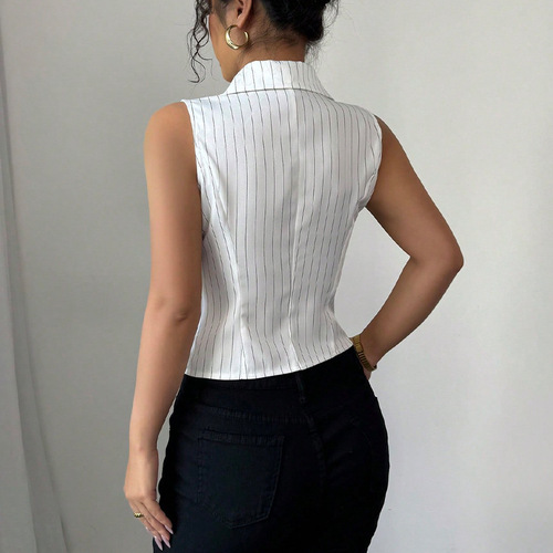 Cross-border foreign trade women's clothing 2025 summer new style European and American temperament striped sleeveless shirt slimming shirt cardigan top 