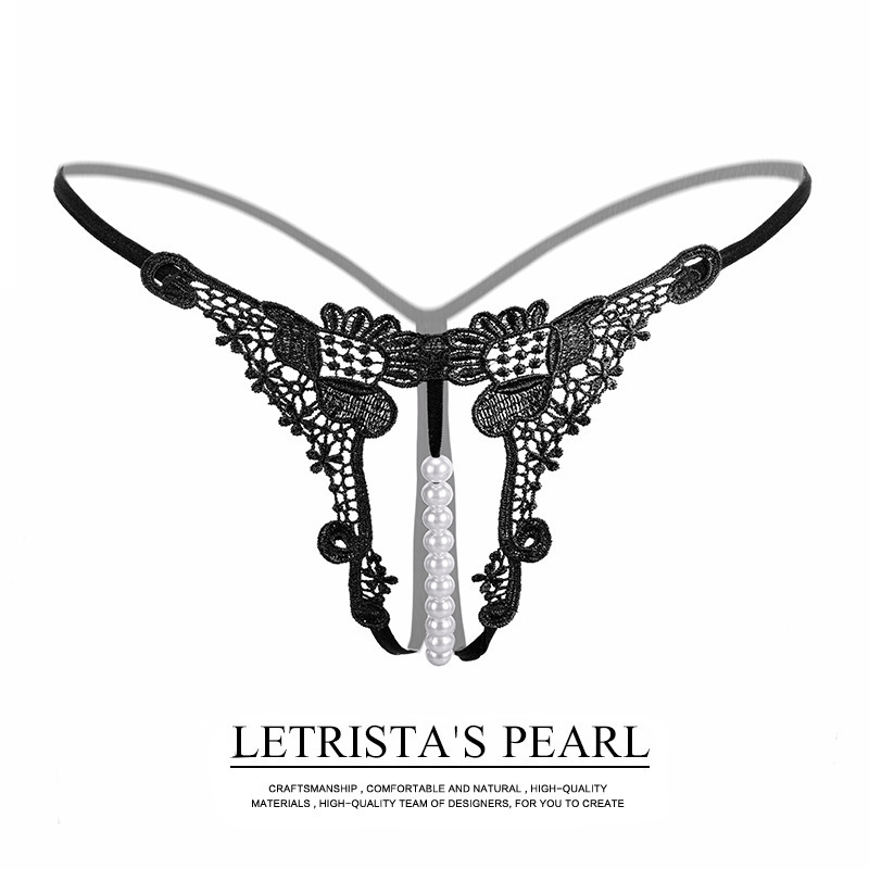 Fashionable Transparent Embroidered Sexy Women's Underwear Cut Out Pearl Massage Open Crotch Sexy T-Pants Low-Waist Thong 69