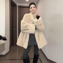 2025冬新款皮毛一体外套女中长款立领水貂绒皮草挽袖毛毛大衣