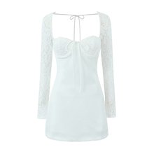 2024欧美风秋女装新款白色长袖蕾丝袖钢托连衣裙  9625