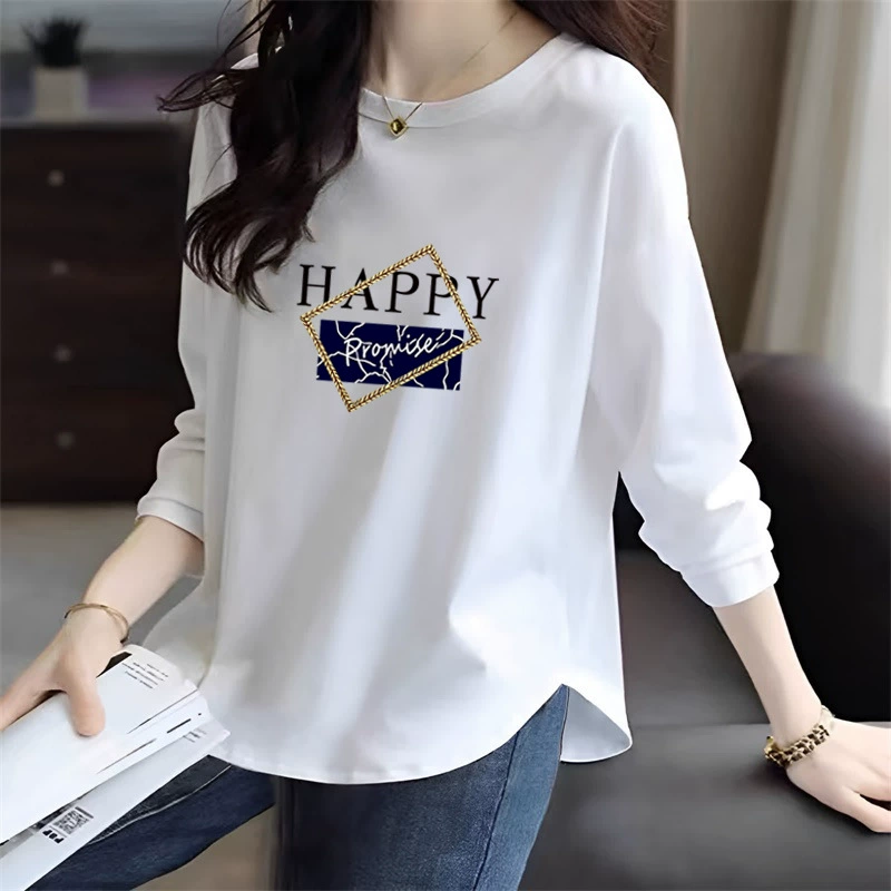 Женская хлопковая футболка с длинными рукавами 2024 новая ранняя осень