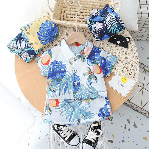 Boys Fashion Summer Suit  Boys Summer New Outing Beach Wear Shirt Printed Short Sleeve Two-piece Set