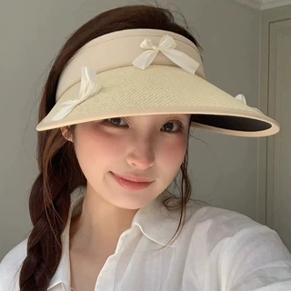 设计师网红蝴蝶结空顶帽女夏季无顶透气草帽女黑胶防晒遮阳太阳帽